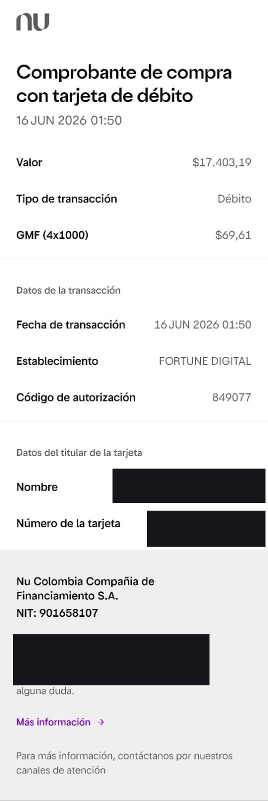 Card payment receipt